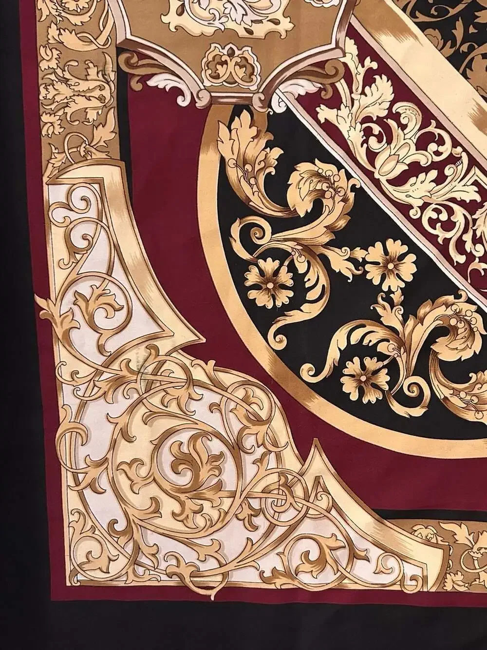 Vintage Baroque Print Square Silky Scarf Black Burgundy Gold, 35”
